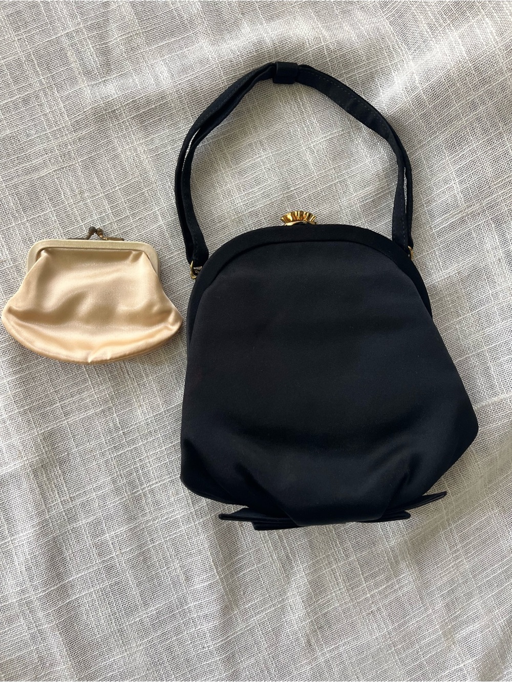 Vtg Morris Moskowitz MM Black Satin Evening Bag & Coin Purse